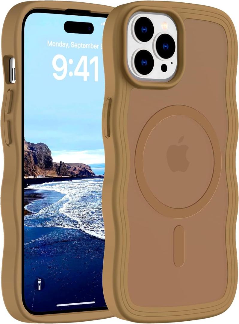 Hualele Magnetic for iPhone 15 Pro Case, Compatible with MagSafe, Military Grade Dropproof Translucent Matte Back Cute Curly Wave Edge Slim Phone Case 15 Pro, Brown