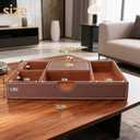 Jewelry Trays Nightstand Organizer, Valet Tray for Men and Women, Tray Organizer,Can hold Mobile phones, watches, cosmetics, keys. Dark Brown Faux Leather, 5 CompartmentCompartment