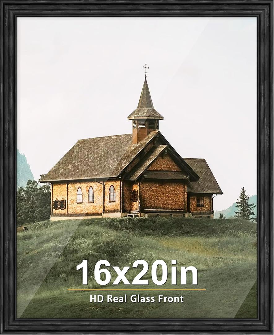PEALSN 16x20 Picture Frame with Real Glass Front and Black Backboard, Display Pictures 11x14 with Mat or 16 x 20 without Mat, Wall Gallery Photo Frames for Wall Mounting