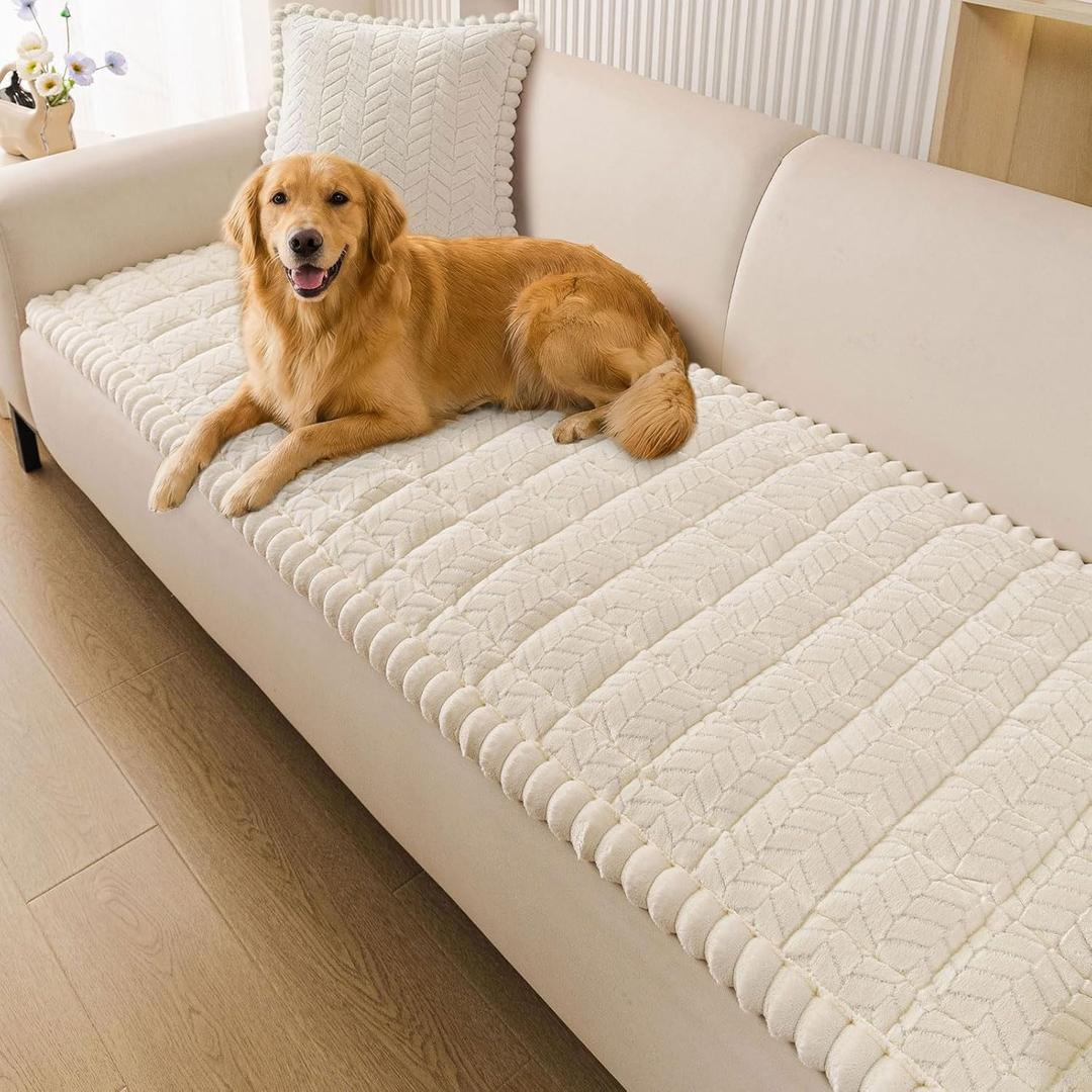 Smiry Non Slip Couch Covers for Dogs, Fuzzy Pet Couch Covers for 2 Cushion Sofa Pet Friendly, Soft Sofa Loveseat Slipcovers Cushion Furniture Protector Washable (Beige, 27.6" x 47")