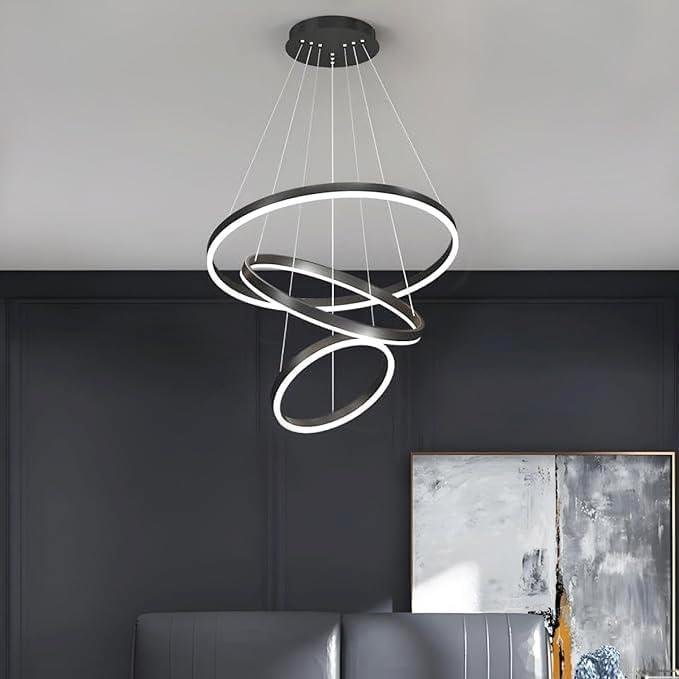 Modern LED Chandelier,3 Ring Black Chandelier Led Pendant Light Fixture,Dimmable Upgraded Modern Chandelier for Dining Room,Luxury Contemporary Led Pendant Lighting for Living Room Staircase Foyer (D23.6",Medium)