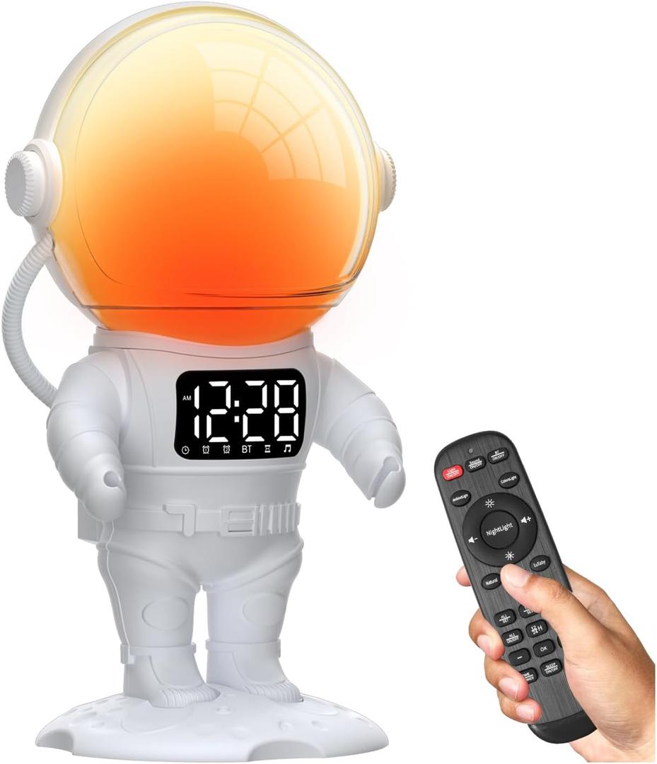 Astronaut Sunrise Alarm Clock for Kids, Heavy Sleepers, Bedroom, White Noise Sound Machine with 30 Soothing Sounds, 22 Dimmable Nightlights, Dual Alarms, Wake Up Light, Gift Idea(White+Remote Control)
