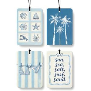 Blue Summer Beach Car Air Freshener 4 Pcs Coconut Scented, Coastal Bikini Palm Tree Car Accessories Mirror Decor for Women, Girly Beachy Hanging Air Freshener for Cars Closet Drawer Books