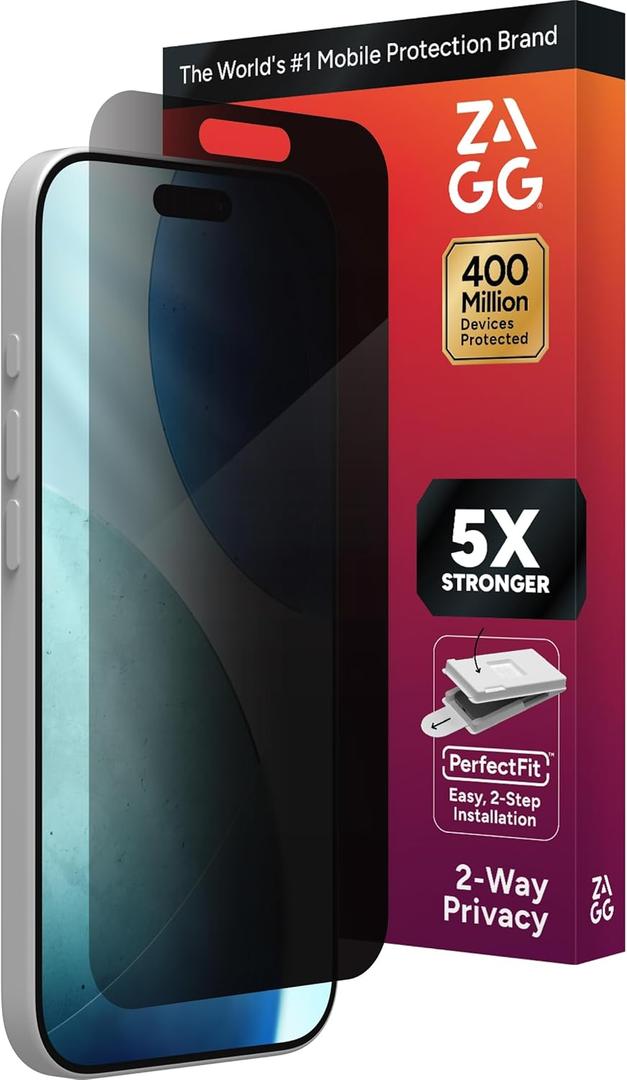 ZAGG Glass Elite Privacy Screen Protector for iPhone 17 - 5X Stronger Tempered Glass, ClearPrint Technology for Smudge Free Clarity, Smooth Feel, Full Coverage, InvisibleShield, Easy Two-Step Installation