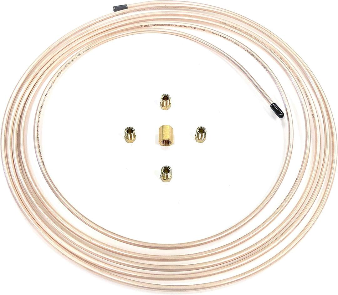 The Stop Shop 15 Ft Roll of 3/16" (.028" Wall) Copper/Cupronickel Brake Line Tubing with fittings & union