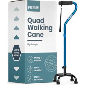 PELEGON Quad Cane (300 lb) - Adjustable Walking Cane with A Large 4 Pronged Base for Extra Balance & Stability, Walking Canes for Seniors, Walking Cane for Men & Women, Walking Sticks (Blue)