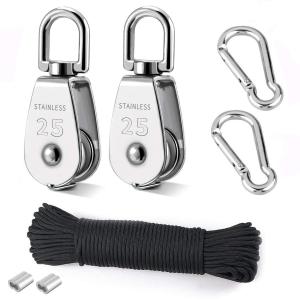 TooTaci 25MM Pulley System, 2 Pcs M25 304 Stainless Steel Pulleys Block with 66ft Nylon Rope & Spring Snap Hook, Single Pulley Wheel for Indoor Outdoor Lifting Project