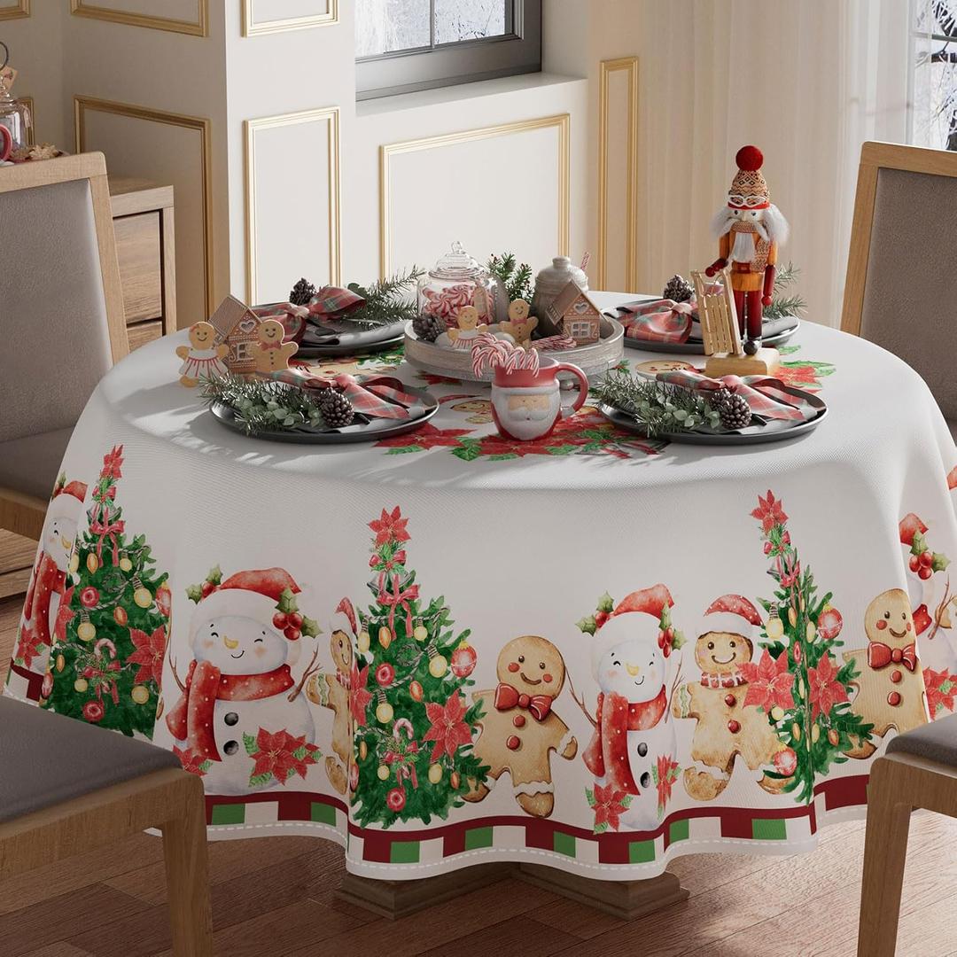 XCHI Plaid Winter Snowman Gingerbread Man Christmas Tree Tablecloth Round Christmas Table Cloth Washable Table Coversfor Indoor Dining Home Party Xmas Decorations 70x70 Inch