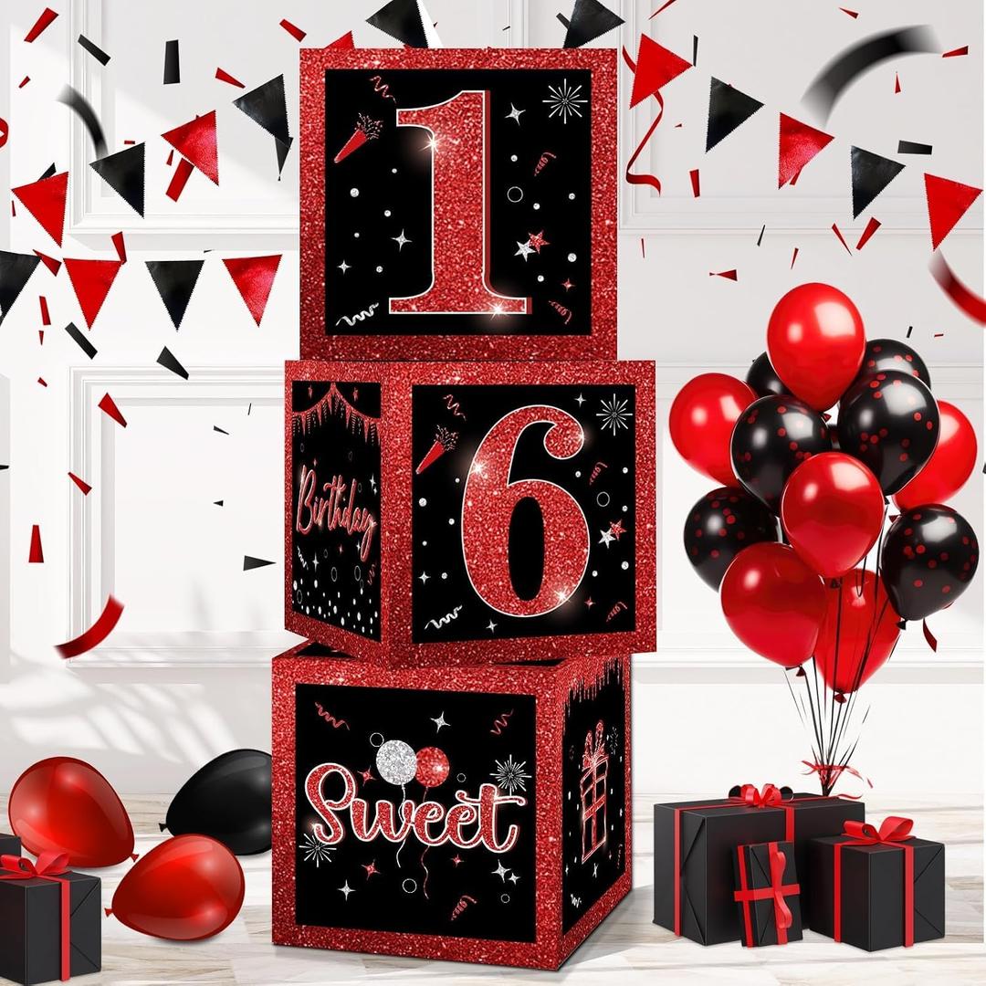 3 Pcs Happy 16th Birthday Decorations Red Black Balloon Box for Boys Girls Sweet 16 Birthday Party Sixteen Year Old Theme Balloons Cardboard Boxes Gift Supplies Table Centerpieces Decor