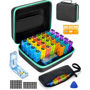 Monthly Pill Organizer 3 Times a Day, with Portable Hard Shell, Pill Cutter, 31-Day Box, Plastic Opening Pick, Monthly & Weekly Stickers, Convenient Medication Management (Black, 3 Times a Day)