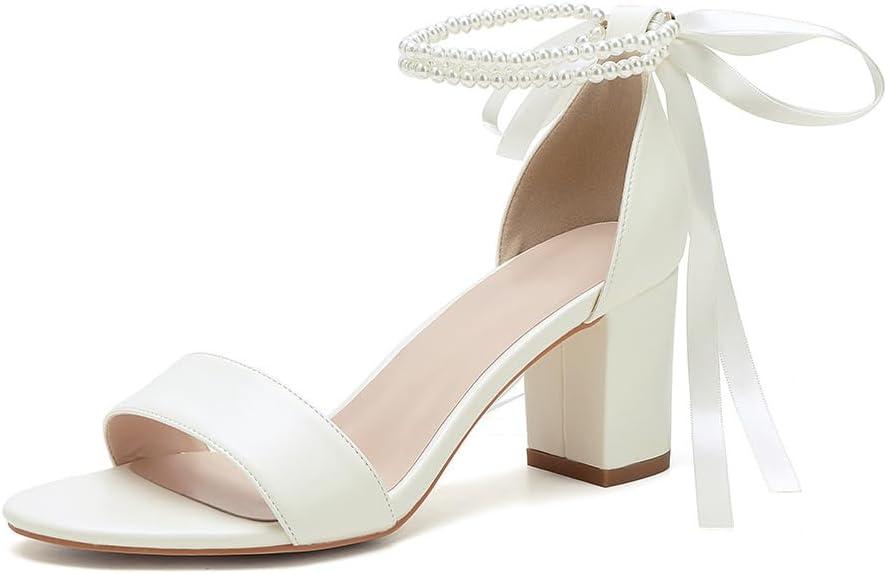 Open Toe Pearl Wedding Shoes for Bride High Heels Bridal Shoes Chunky Block Heels with Bow, Ivory, 10
