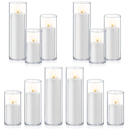 Homjoy 24 PCS White Pillar Candles with Glass Candle Holders Clear Hurricane Candle Holders Glass Cylinder Vases for Centerpieces Wedding Party, Event, Home Office (12 Candles+12 Candle Hoders)