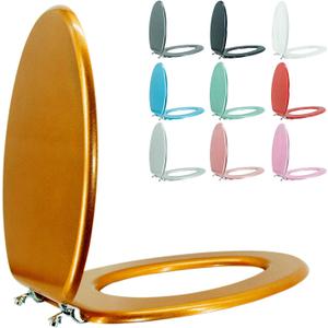 Elongated Toilet Seat Wood Toilet Seat Prevent Shifting with Zinc Alloy Hinges American Standard Size Toilet Seat Easy to Install also Easy to Clean(Elongated,Sparkling Classical Gold)
