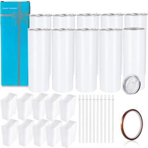 10 Pack Sublimation Tumblers Bulk Straight Skinny Tumbler Blanks 20oz for Heat Transfer, Individual Gift Boxed, Double Wall Insulated Tumbler with Shrink Wrap Films & Heat Tape & Straws