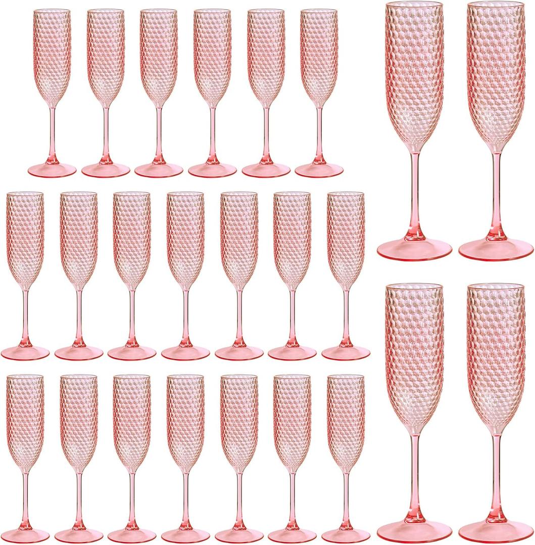 Pesonlook 24 Pack Plastic Champagne Glasses Pink Reusable Diamond Crystal Clear Wine Glasses Diamond Wine Cups Vintage Drinking Glasses for Wedding Reception, Grand Event Party Supplies