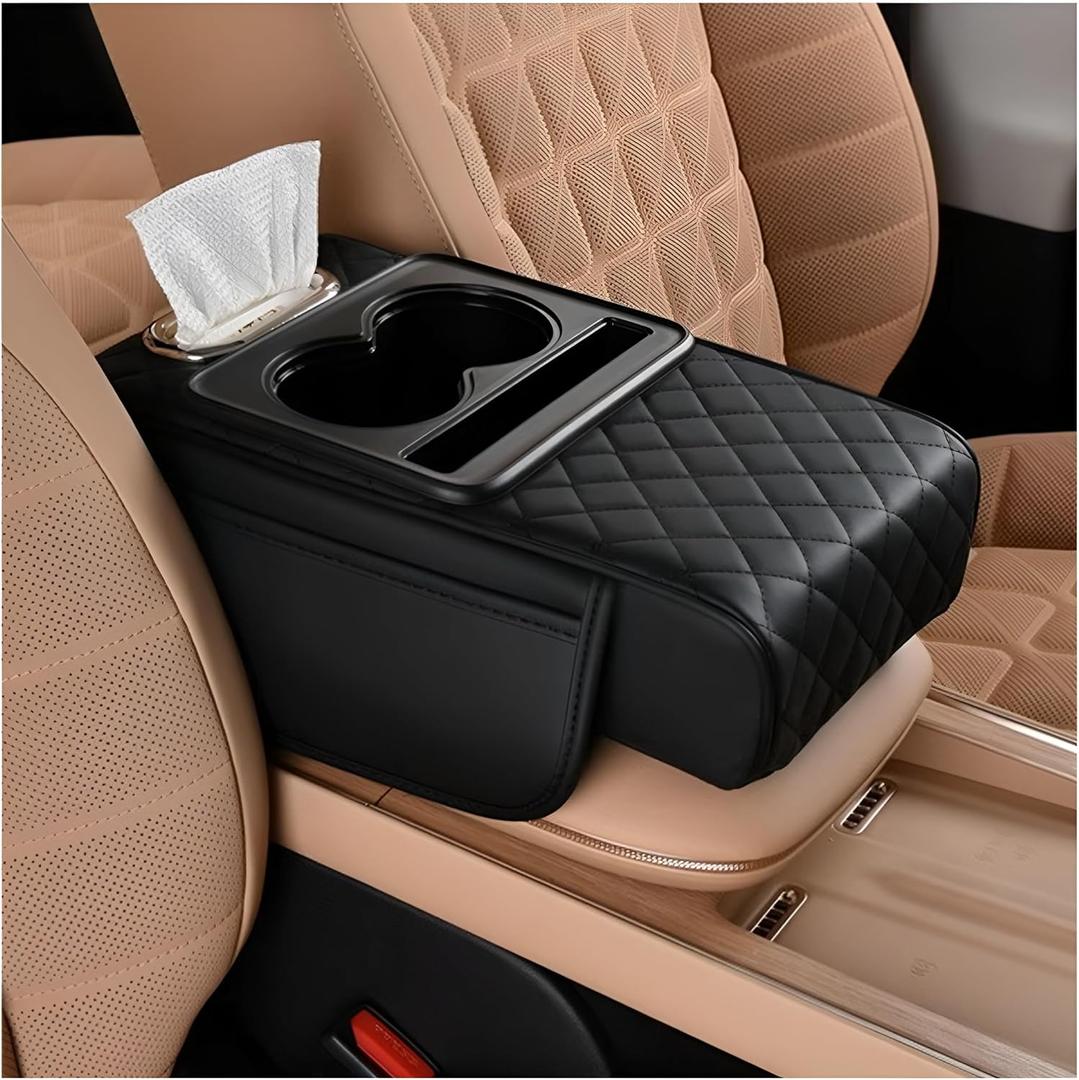Car Center Console Armrest Pillow, Memory Foam Leather 4 in 1 Vehicle Arm Rest Cover with Tissue Box 2 Side Storage Bag Cup & Phone Holder, Auto Armrest Cushion, Universal Fit (Black)