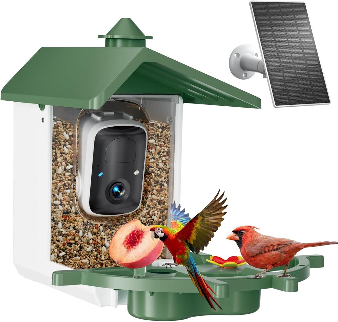 Smart Bird Feeder with Camera - 2K Bird Camera for Outdoors Solar Powered, Birdhouse with Al Identify Species, Instant Alert, Auto Capture, IP65 Waterproof, Ideal Gift for Dad Mom BirdLovers, Green