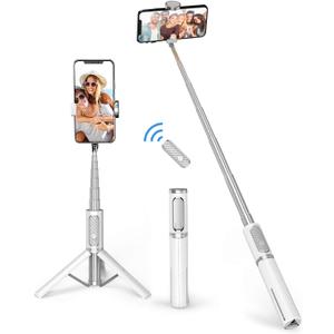 ATUMTEK Selfie Stick Tripod, Extendable 3 in 1 Aluminum Bluetooth Selfie Stick with Wireless Remote and Tripod Stand for iPhone 16/15/14/13/12/11 Pro Max/XS Max/XS/XR/X/8/7, Samsung Smartphones White