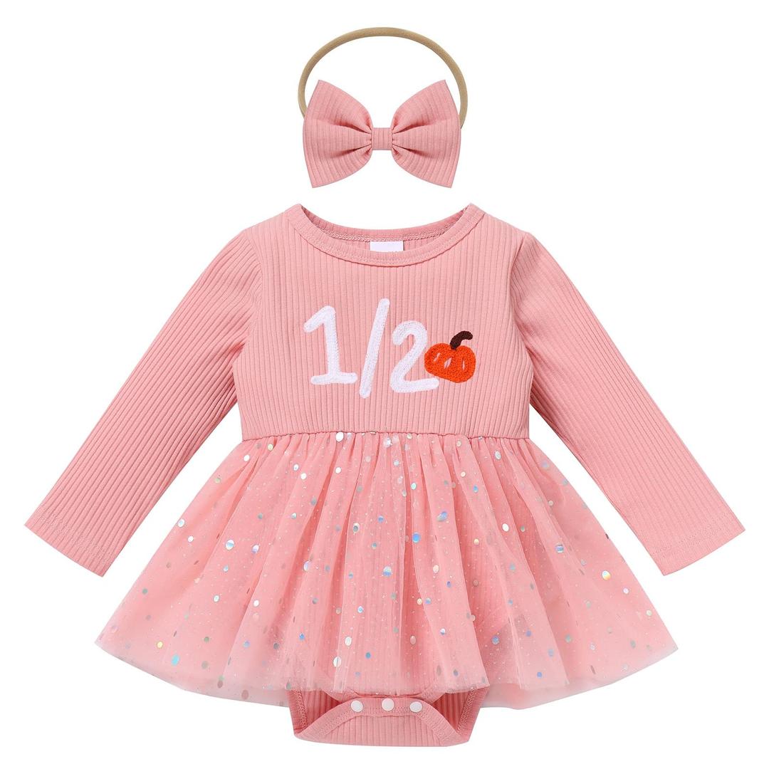 IMEKIS Halfway to One Baby Girl: Fall Half Birthday Outfit 6 Months Cake Smash Photoshoot Infant Thanksgiving Dress Romper Long Sleeve Tulle Tutu Autumn Party Pink Pumpkin 1/2 3-6 Months
