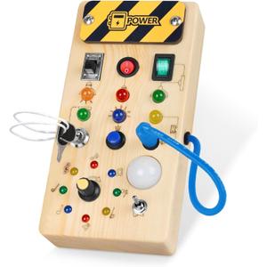 Montessori Wooden Busy Board with 8 LED Light switches, Sensory Toys Light Switch Travel Toys for 1+ Year Old Baby and Toddler