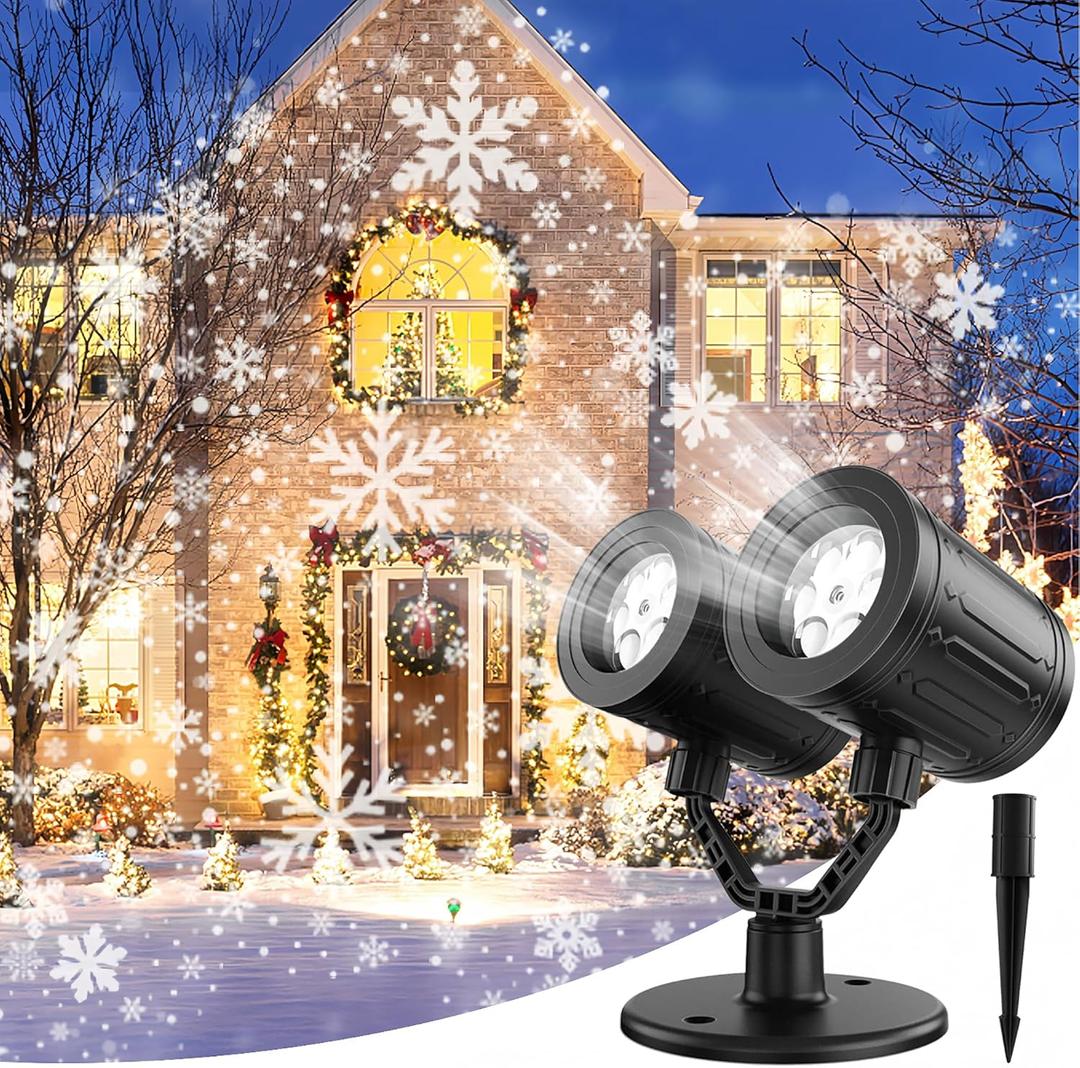 Christmas Snowflake Projector Lights Outdoor, Double Head Snowflake Led Lights Waterproof Decorative Lighting Projection Lamp for Xmas Indoor Outdoor