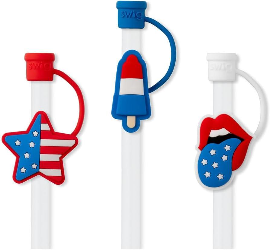 Swig Straw Toppers Set, 3 Reusable Straws with 3 Silicone Straw Covers, Cover Cap with Customizable Length, Compatible with 40oz Tumblers, Tumbler Accessories (All American)