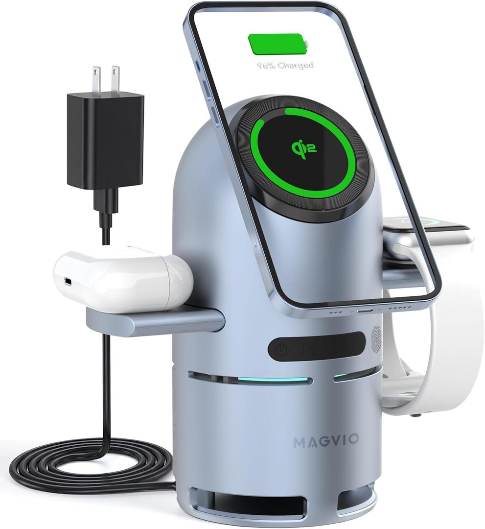 3 in 1 Mag-Safe Charging Station with Bluetooth Speaker, Auto-Rotating Magnetic Stand, 15W Qi2 Fast Wireless Charger for iPhone 17/16/15/14/13/12, Apple Watch, AirPods, 30W USB-C Adapter