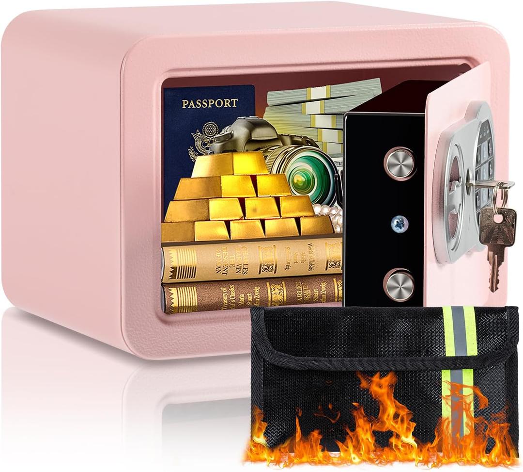0.23 Cubic Feet Safe Box, Small Safe W/Fireproof Bag, Keys & Pass Code, Digital Electronic Security Money Box for Cash, Document, Home, Office, Hotel Use, Pink, 6.69"D x 9.06"W x 6.69"H