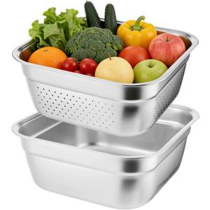 2-Pack Square Stainless Steel Dishwashing Basin Set with Colander, 12.2 Inch Sink Organizer for Washing Vegetables, Rice, and Dishes, 304 Mirror Polished