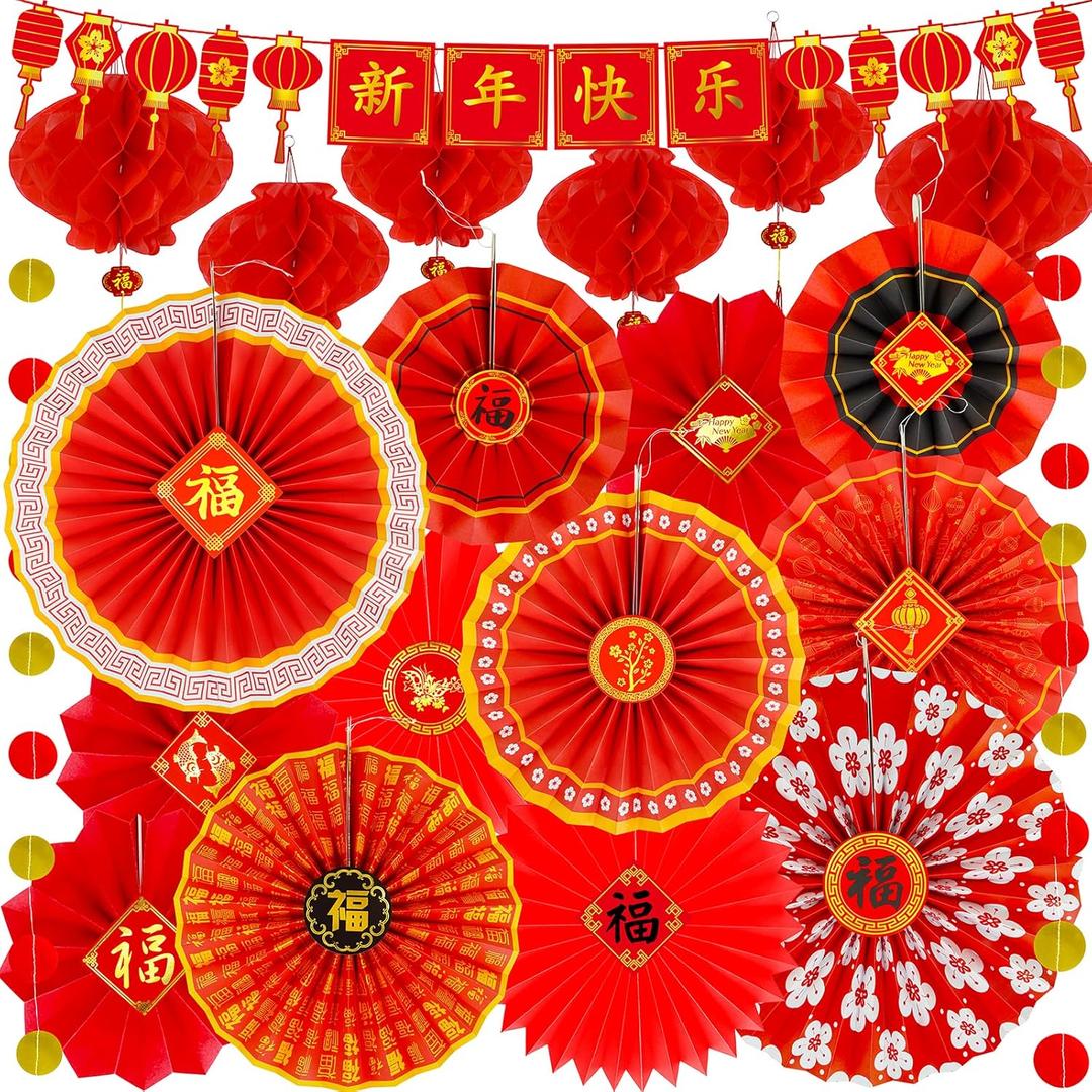 Winlyn 20 Pcs Bulk Chinese New Year Party Decorations Chinese Red Lanterns Oriental Hanging Lucky Paper Fans New Year Banner for Asian Lunar New Year The Year of Snake Festival Wedding 2025 Decor