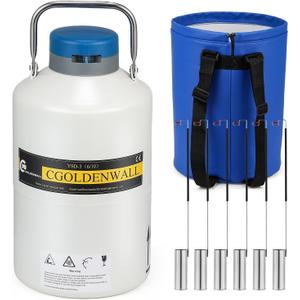 CGOLDENWALL 6L Cryogenic Container Liquid Nitrogen LN2 Tank Dewar Liquid nitrogen dewar Aluminum Alloy with 6 Canisters and Carry Bag