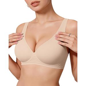OEAK Womens Deep V Bras Wireless Comfortable Bra Supportive No Underwire Bras Tshirt Push Up Bralettes Plunge Seamless Bra Skin Color XL