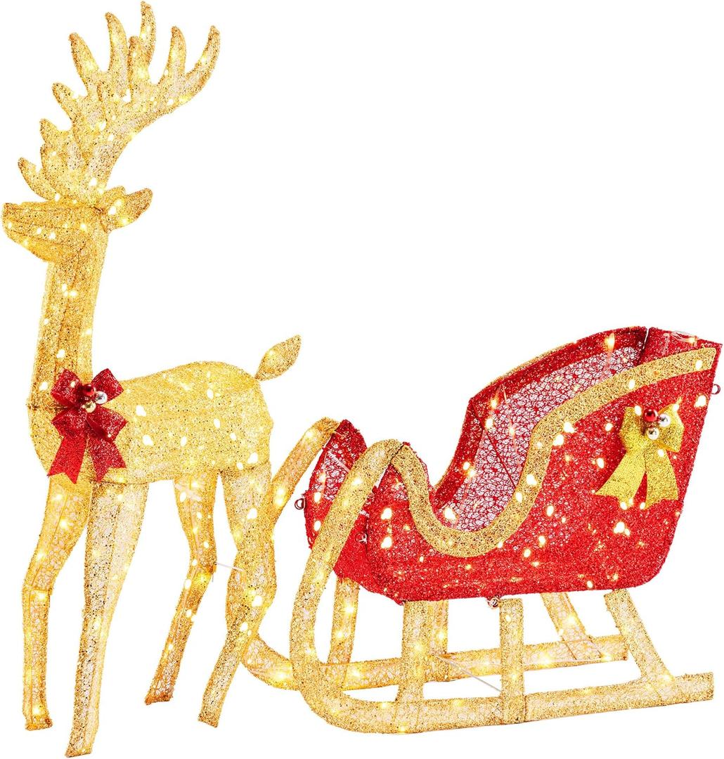 Sweetcrispy Lighted Christmas Reindeer & Santa Sleigh Set, Xmas Pre-Lit Yard Decoration w/ 180 LED Lights, 4 FT Holiday Deer & Sled for Garden Lawn Patio Display, Gold Reindeer-Red Santa Sleigh