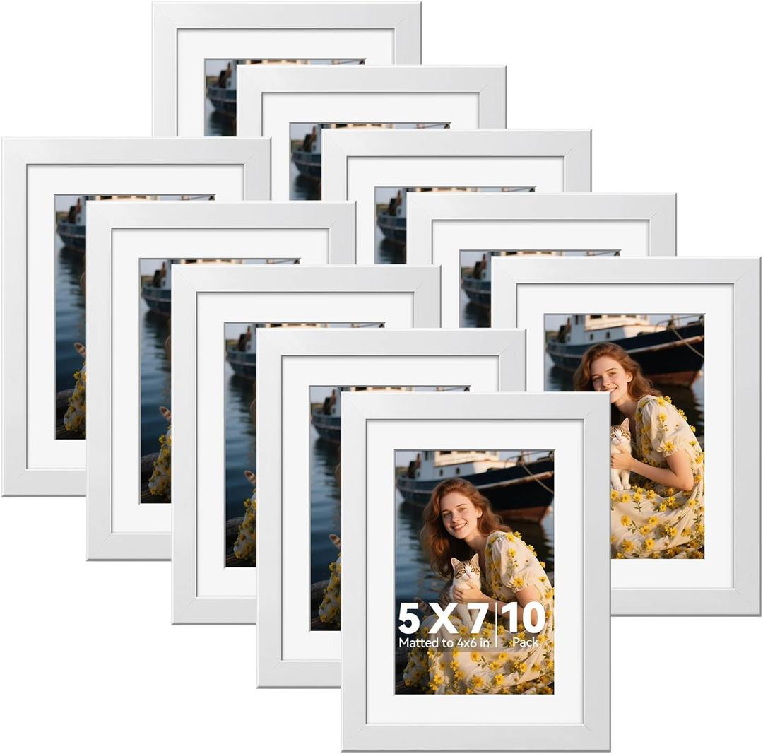 HappyHapi 5x7 Picture Frames Set of 10, White Picture Frames Display Pictures 4x6 with Mat or 5x7 Without, Tabletop or Wall Display, Multi Photo Frames Collage (White)