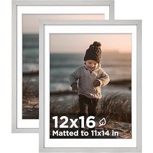 KINLINK 12x16 Picture Frame Silver, Wooden 16x12 Photo Frames with Plexiglass for 11x14 Picture with Mat or 12x16 Without Mat, Perfect for Art Wall and Tabletop Display 12 x 16 frame Set of 2