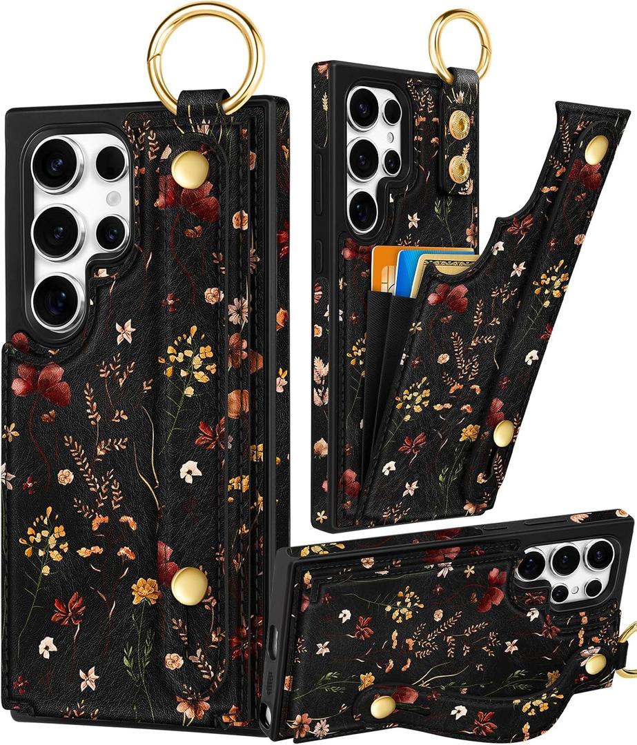 Petitian for Samsung Galaxy S23 Ultra Case with Wallet - Women Girls Cute Girly Aesthetic Unique Design Leather Credit Card Holder Cardholder Stand Wristband for S23 Ultra, Grow Flower