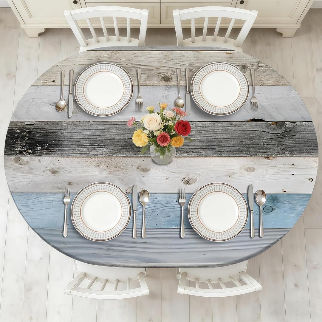 Wood Grain 48 x 68 Inch Oval Fitted Tablecloth with Elastic Edged, Waterproof Oil Proof Wipeable Oblong Table Cover for Indoor Outdoor Patio Table, Fits Oblong Oval Tables Up To 48" W x 68" L