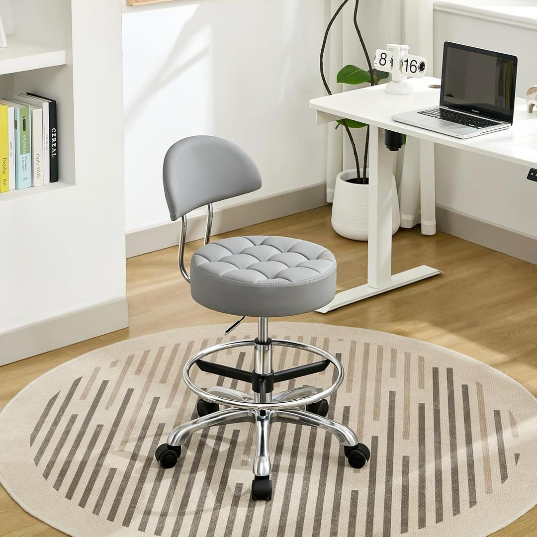 FIRAVOE Drafting Stool with Back (Swivel Chair with Quiet Wheels) (Adjustable Height 20-27 inch) Rolling Office Swivel Stool (Gray) (Grey)