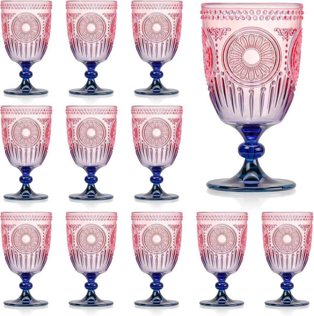XUWAIDSGN 12Pcs Plastic Vintage Wine Glasses 13.5oz Reusable Embossed Goblet Glasses Pink Blue Gradient Retro Wine Glassware Unbreakable Stemmed Champagne Water Cups for Wine Cocktail Juice Wedding