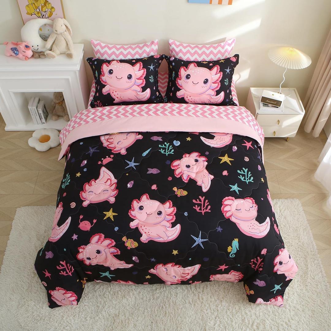 7 Piece Girls Axolotl Comforter Set for Kids Queen Size Kawaii Axolotl Bedding for Teen 3D Animals Colorful Bed Set Black