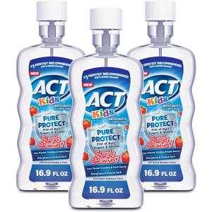 ACT Kids Anticavity Fluoride Mouthwash, Sugar & Alcohol Free Mouth Rinse Strengthens Teeth, Simply Strawberry, 16.9 fl. oz.(Pack of 3)