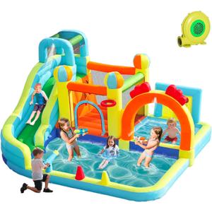 Inflatable Water Slide Park with Splash Pool for Kids,Climbing Wall,Bounce House with Ball Shooting,Kids Bouncy Castle with Air Blower for Outdoor Backyard
