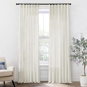 XTMYI 96 Inches Long Modern Farmhouse Linen Curtains for Living Room,Hang Pin Hooks Back Tab Sheer Pleated Curtains for Bedroom Dining Room,96 Length 2 Panel Set,Cream Colored(Ivory/Off White) (50"W x 96"L (Pack of 2), Birch)