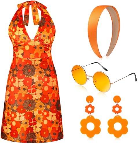 SATINIOR 4 Pcs 60s 70s Women's Hippie Costume Retro Disco Outfit Groovy Dress Headband Earring Sunglasses for Halloween Party Size L