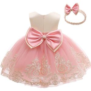 CMMCHAAH 0-6T Baby Girls Pageant Lace Embroidery Dresses Toddler Party Bowknot Tutu Gown Dress with Headwear (12-18 Months, Pink)
