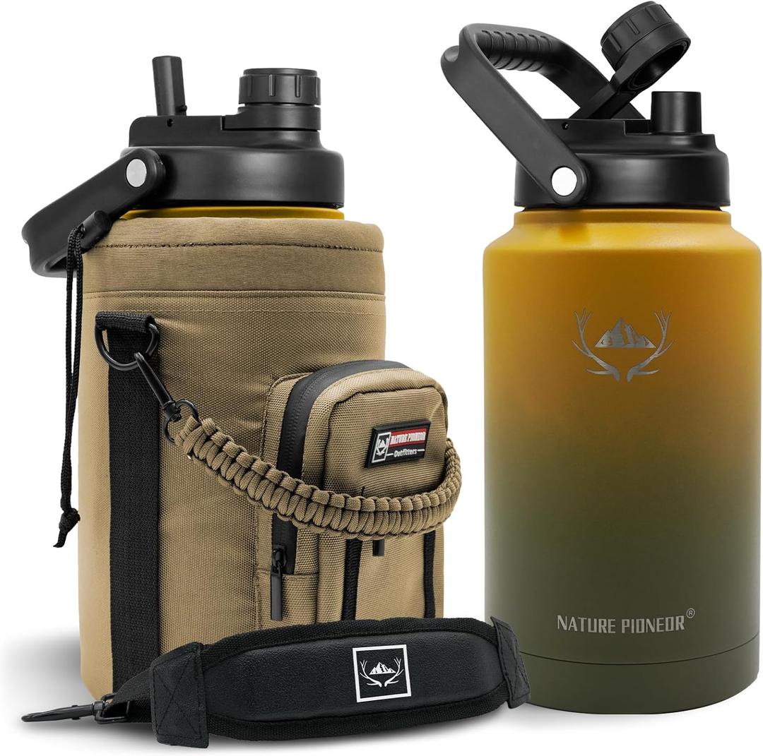 NATURE PIONEOR 1 Gallon Insulated Water Bottle - Double Vacuum Stainless Steel 128 oz Water Bottle with Holder, Wide Mouth & 2-in-1 Lid (Flip Straw & Spout), 1 Gallon Water Jug, Hiking, Camping, Gym