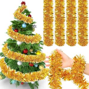 72 Feet Christmas Tinsel Garland Shiny Metallic Tinsel Twist Garland Streamers Ornaments Long Glitter Christmas Tree Hanging Decorations for Party Holiday Wedding Birthday Tree Wall Rail (Gold)