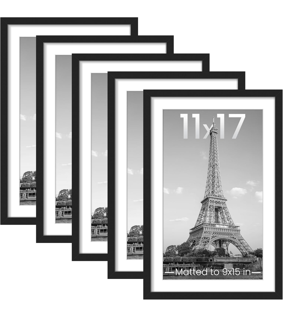 upsimples 11x17 Picture Frame Set of 5, Display Pictures 9x15 with Mat or 11 x 17 Without, Wall Gallery Poster Frames, Black