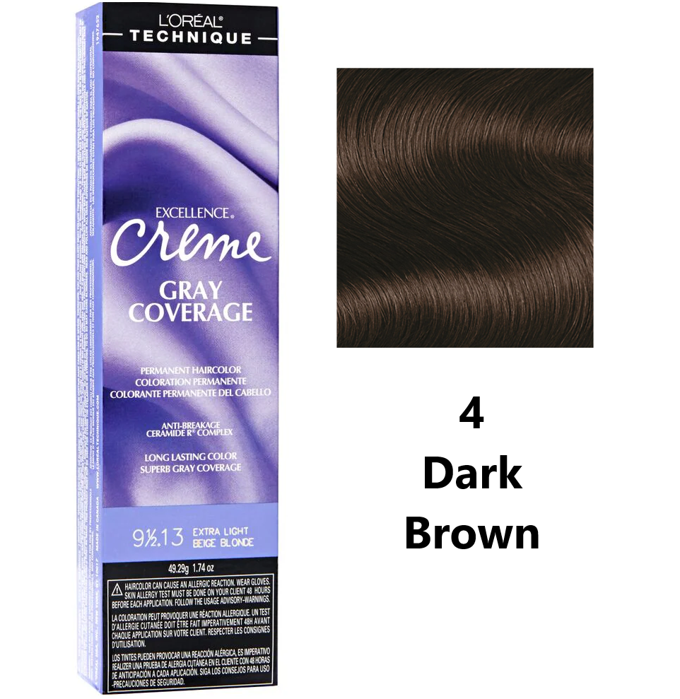 L'Oréal Technique Excellence Crème Permanent Hair Color - Long-Lasting Hair Dye, Rich Formula With No-Drip Application, Superb Gray Coverage, Color: 4 Dark Brown, 1.74 Ounce