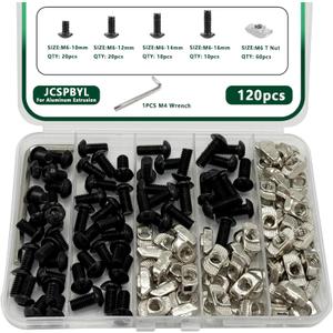 120 pcs M6 T Nut Screws Kit for 3030 3060 Aluminum Extrusion, 60 pcs Black M6x10/12/14/16mm Hexagon Socket Screws and 60 pcs M5 Drop in T-Nuts with 1 pcs M6 Hex Wrench
